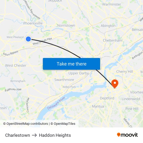 Charlestown to Haddon Heights map