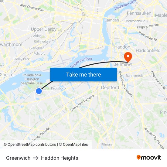 Greenwich to Haddon Heights map