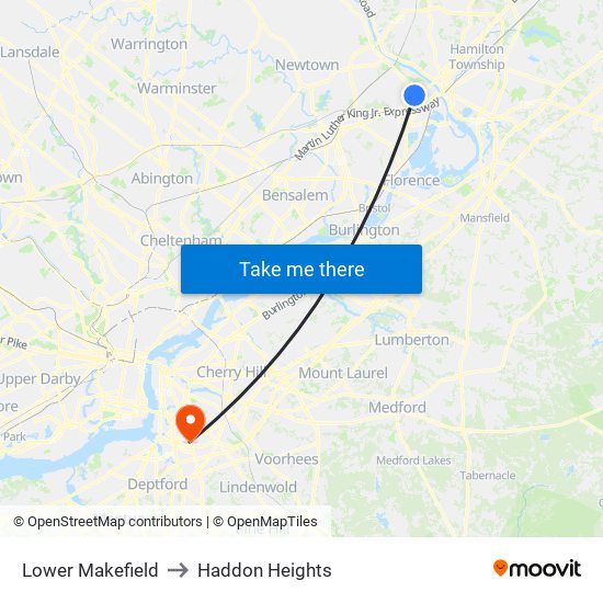Lower Makefield to Haddon Heights map