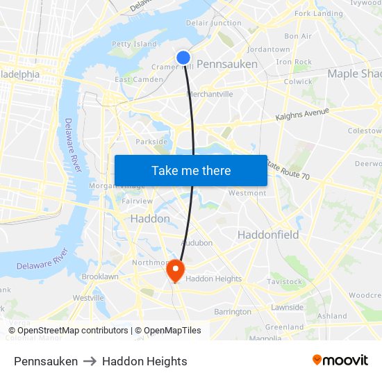 Pennsauken to Haddon Heights map