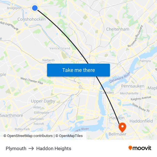 Plymouth to Haddon Heights map
