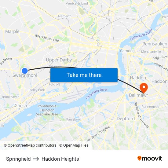 Springfield to Haddon Heights map