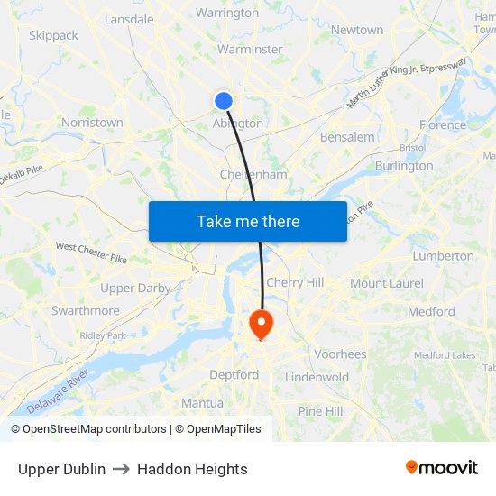 Upper Dublin to Haddon Heights map