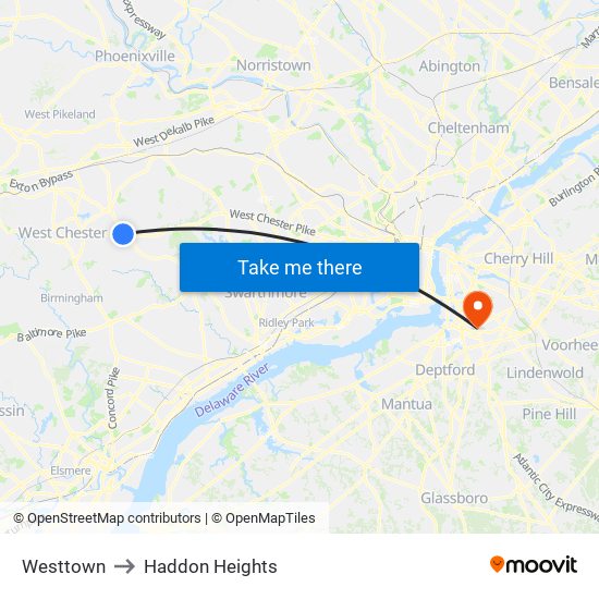 Westtown to Haddon Heights map