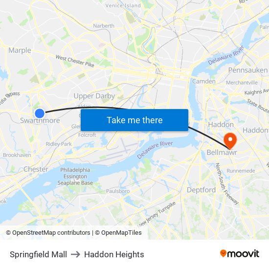 Springfield Mall to Haddon Heights map