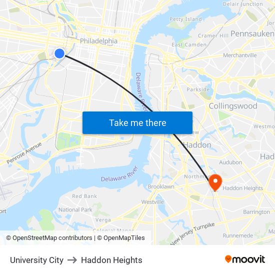 University City to Haddon Heights map