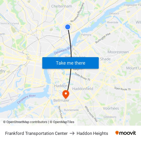 Frankford Transportation Center to Haddon Heights map