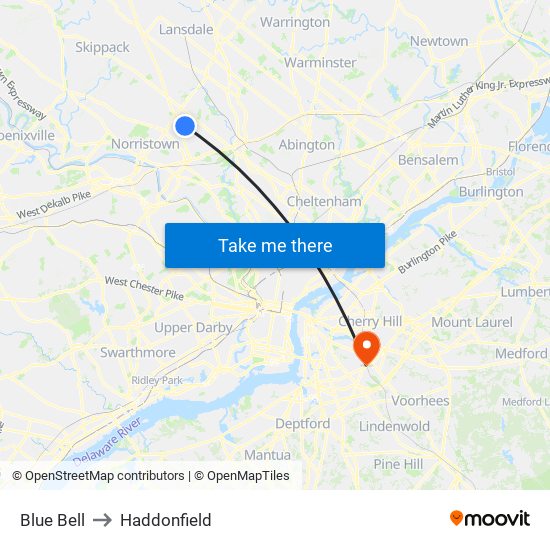 Blue Bell to Haddonfield map