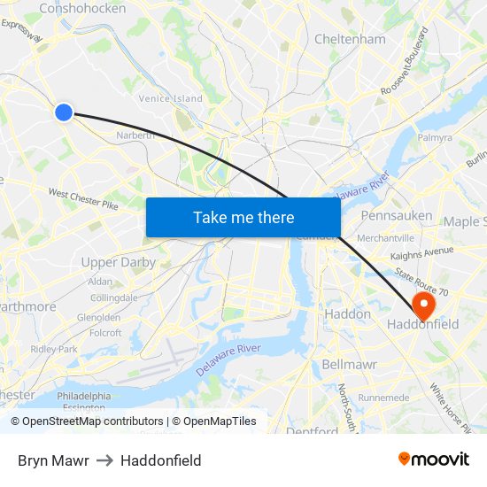 Bryn Mawr to Haddonfield map