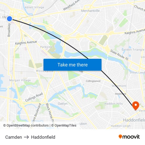 Camden to Haddonfield map