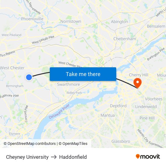 Cheyney University to Haddonfield map