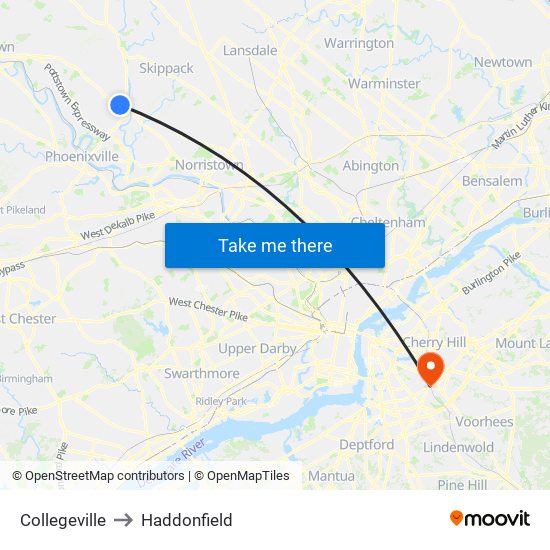 Collegeville to Haddonfield map