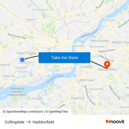 Collingdale to Haddonfield map