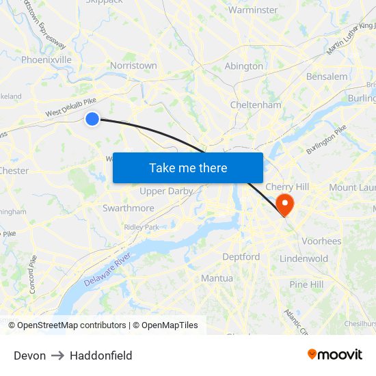 Devon to Haddonfield map