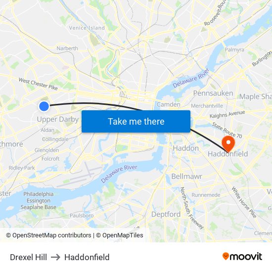 Drexel Hill to Haddonfield map