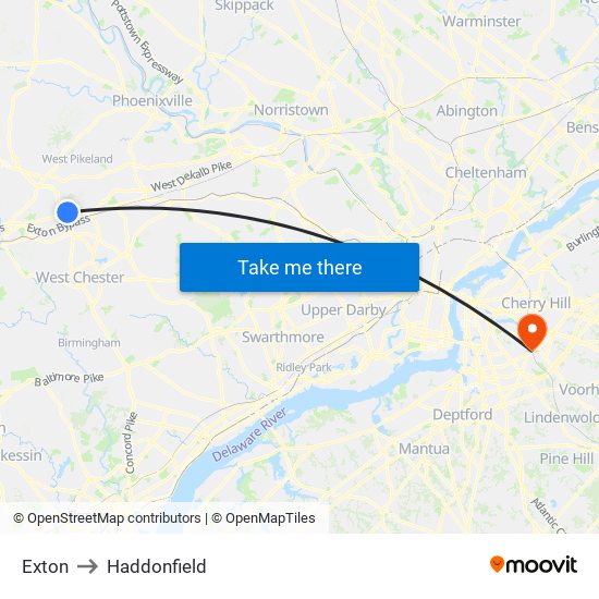 Exton to Haddonfield map