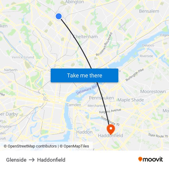 Glenside to Haddonfield map