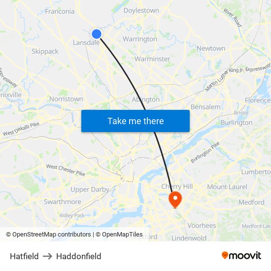 Hatfield to Haddonfield map