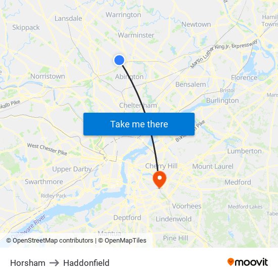 Horsham to Haddonfield map