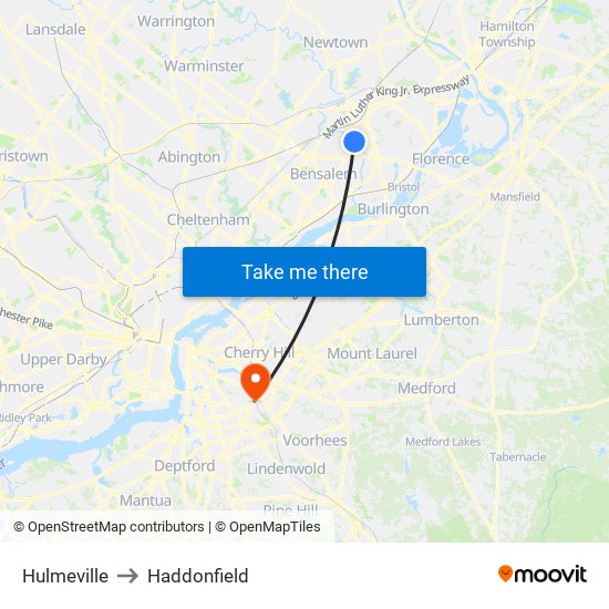 Hulmeville to Haddonfield map