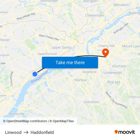 Linwood to Haddonfield map