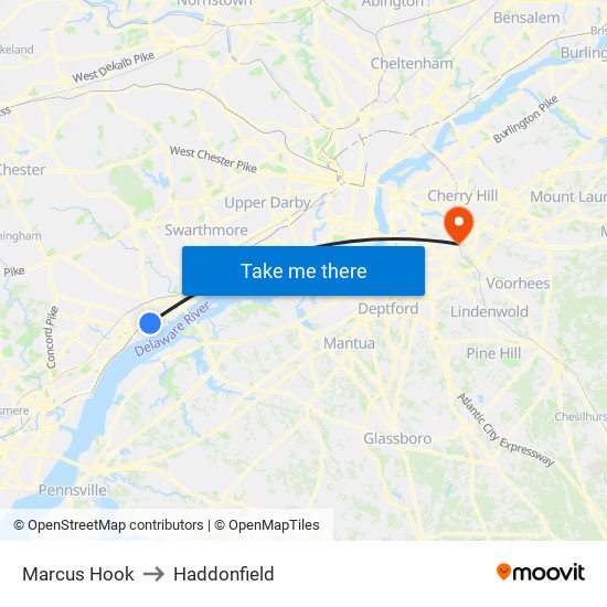 Marcus Hook to Haddonfield map