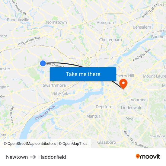 Newtown to Haddonfield map
