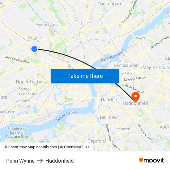 Penn Wynne to Haddonfield map