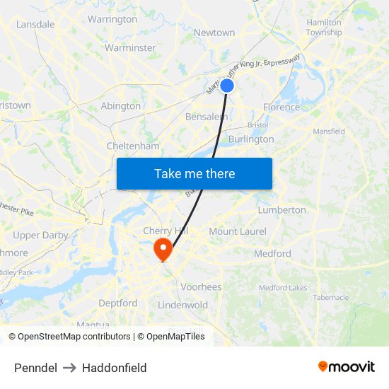 Penndel to Haddonfield map