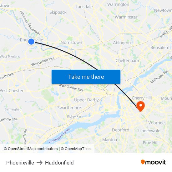 Phoenixville to Haddonfield map