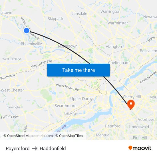 Royersford to Haddonfield map