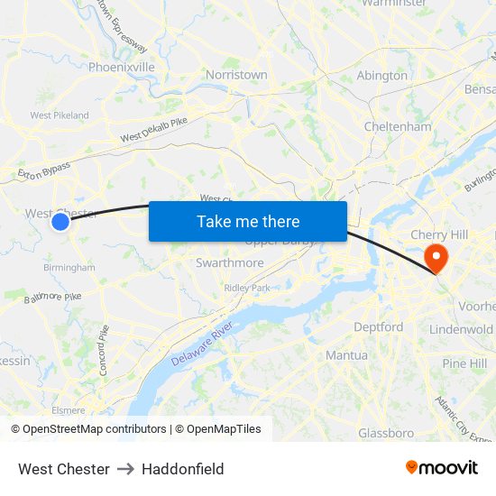 West Chester to Haddonfield map