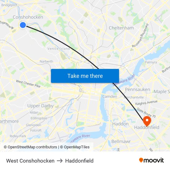 West Conshohocken to Haddonfield map