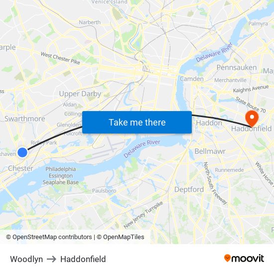 Woodlyn to Haddonfield map