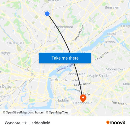 Wyncote to Haddonfield map