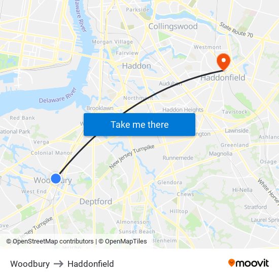 Woodbury to Haddonfield map