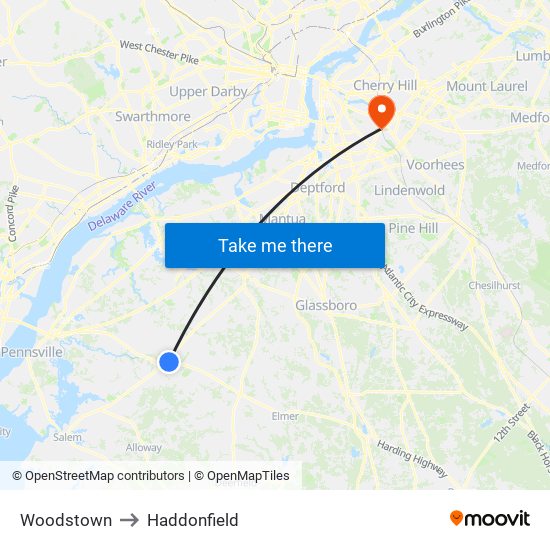 Woodstown to Haddonfield map