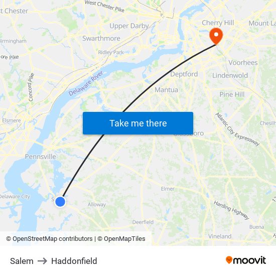 Salem to Haddonfield map