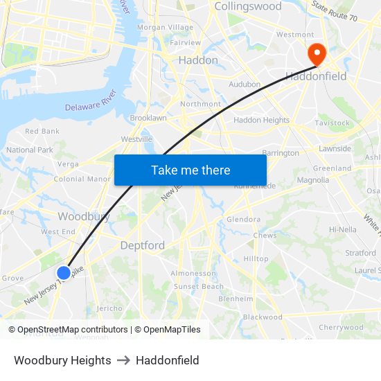 Woodbury Heights to Haddonfield map