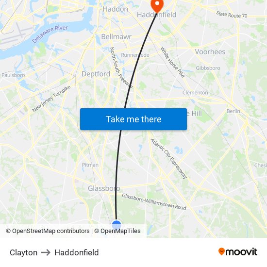 Clayton to Haddonfield map