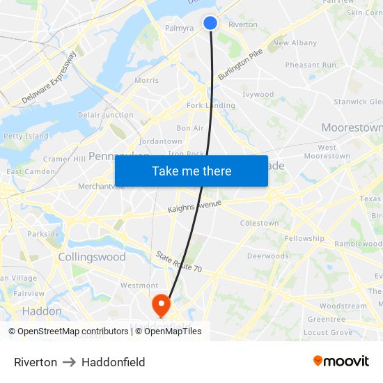 Riverton to Haddonfield map