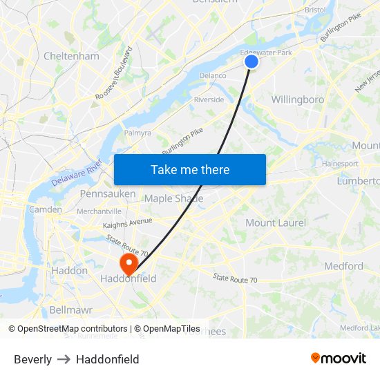 Beverly to Haddonfield map