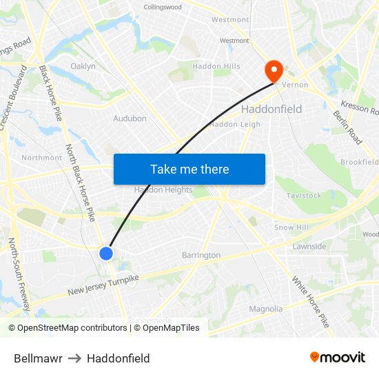 Bellmawr to Haddonfield map