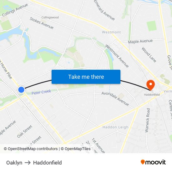 Oaklyn to Haddonfield map