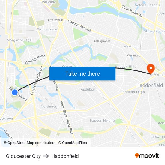 Gloucester City to Haddonfield map