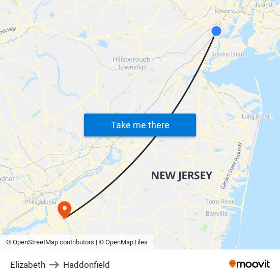 Elizabeth to Haddonfield map