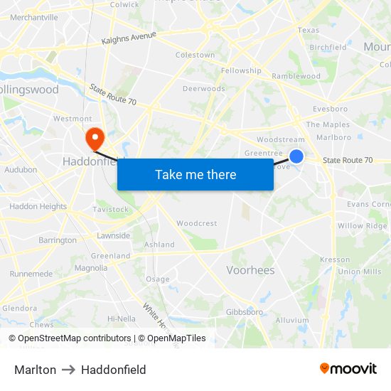 Marlton to Haddonfield map