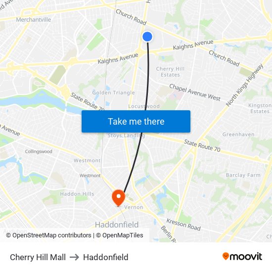 Cherry Hill Mall to Haddonfield map