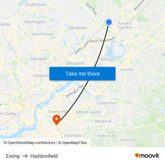 Ewing to Haddonfield map