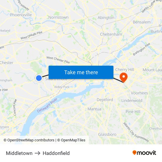 Middletown to Haddonfield map